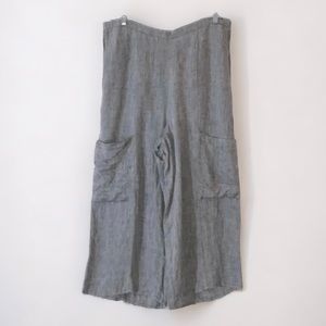 FLAX Linen Wide Leg Capri Elastic Waist Pants with Cargo Pockets